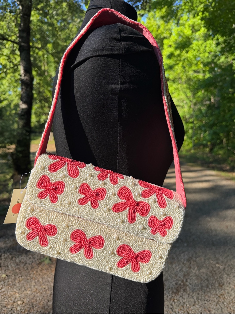 Francesca's Collections Cream Beaded Shoulder Bag with Pink Bow Motif